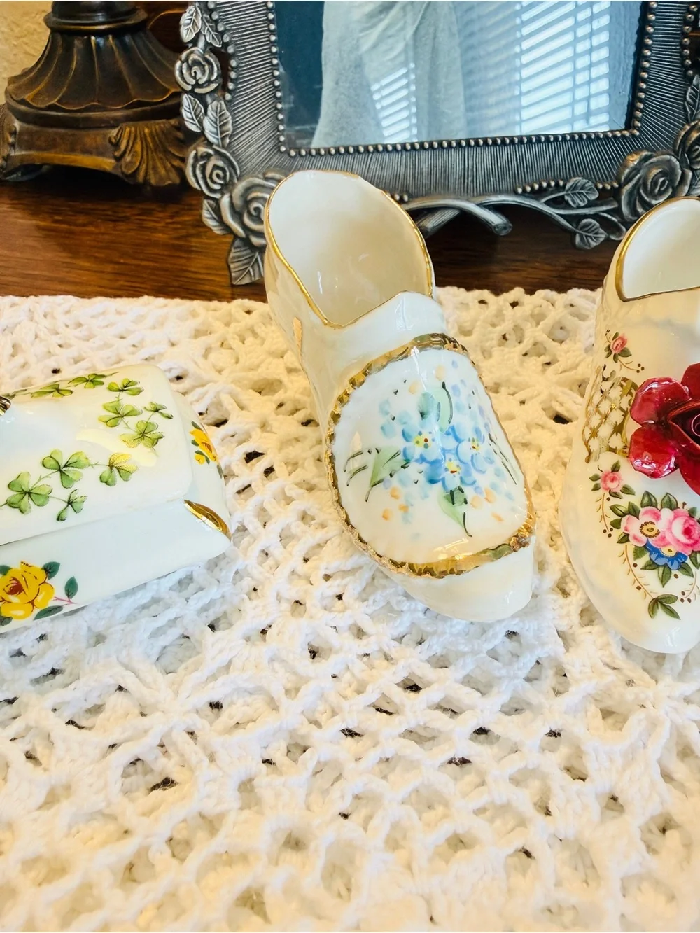 Vintage Porcelain Shoe Trio-English Trinket Box-Crochet Runner Bundle